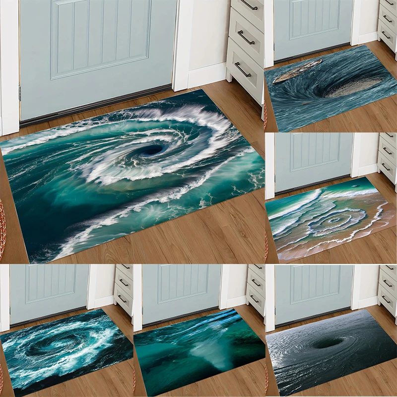 Fußmatte mit 3D-Ozean-Whirlpool-Muster, realistischer Meeres-Vortex mit Boot, Strand, Wellen-Designs, rutschfeste Bodenmatte für die Dekoration Ihres Zuhauses