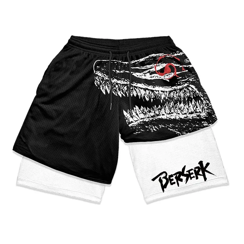 1PC Men\'s Beach Pants Summer Shorts 2 in 1 Berserk Guts 3D Quick Dry Short Running Training Jogger Fitness Gym Sport