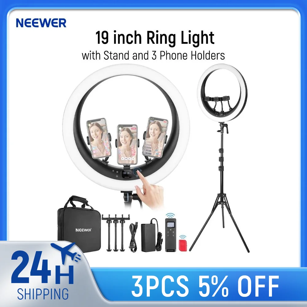 NEEWER Ring Light RP19H 19 inch with Stand and 3 Phone Holders Upgraded 2.4G and Touch Control  Professional for Streaming