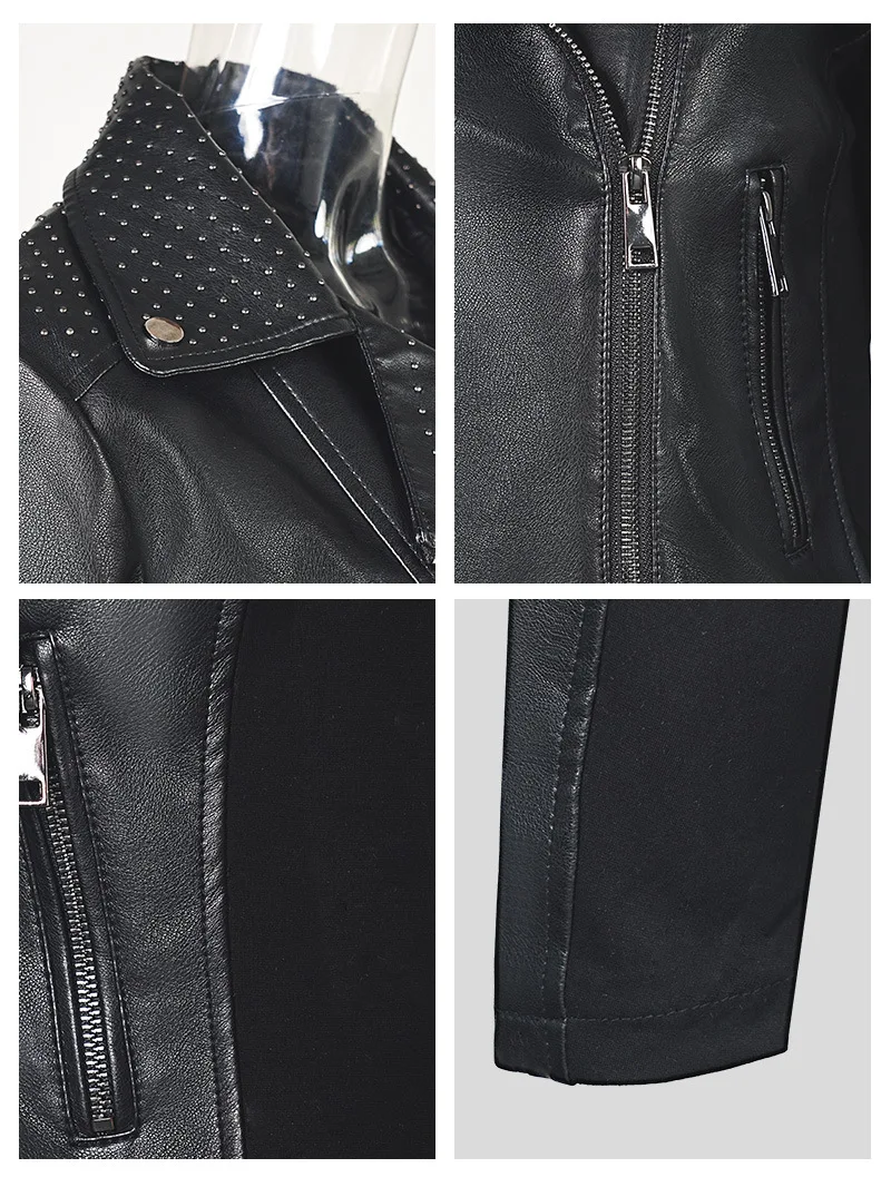 Autumn and winter women's leather jacket short PU slim fit leather jacket black willow nail motorcycle jacket suit jacket