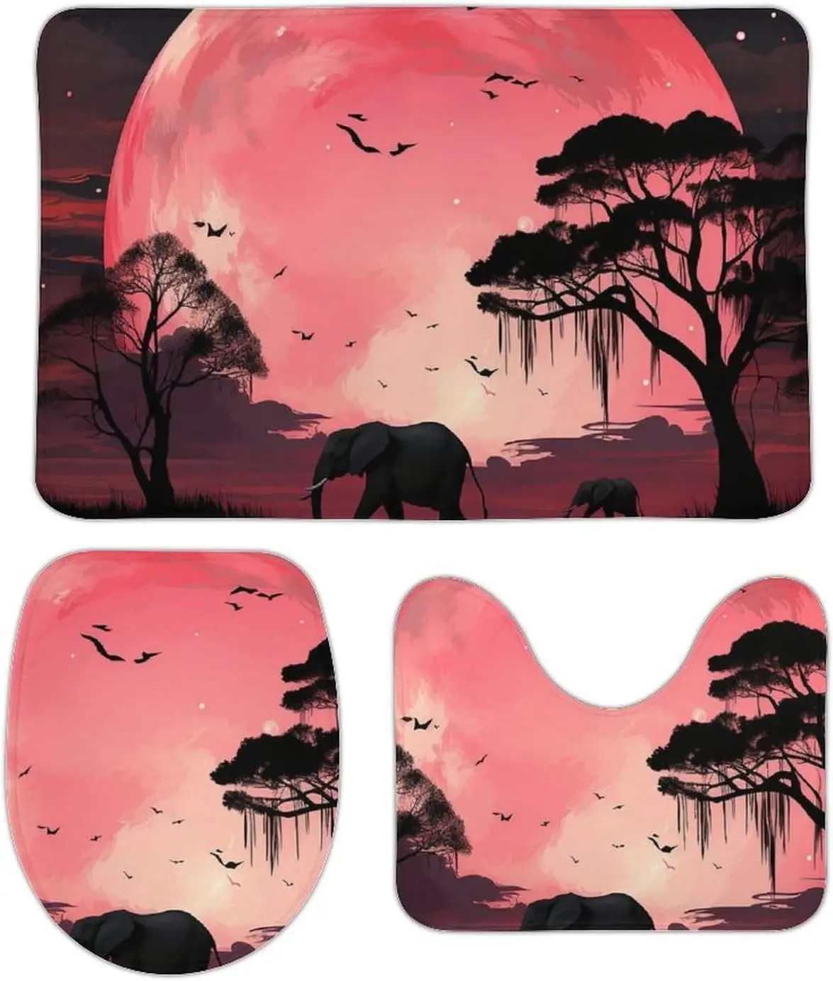 3 Piece Bath Rug Set Non Slip Absorbent Bath Mat Contour Mat with Toilet Lid Cover Moon Elephant Soft Floor Mats for Bathroom