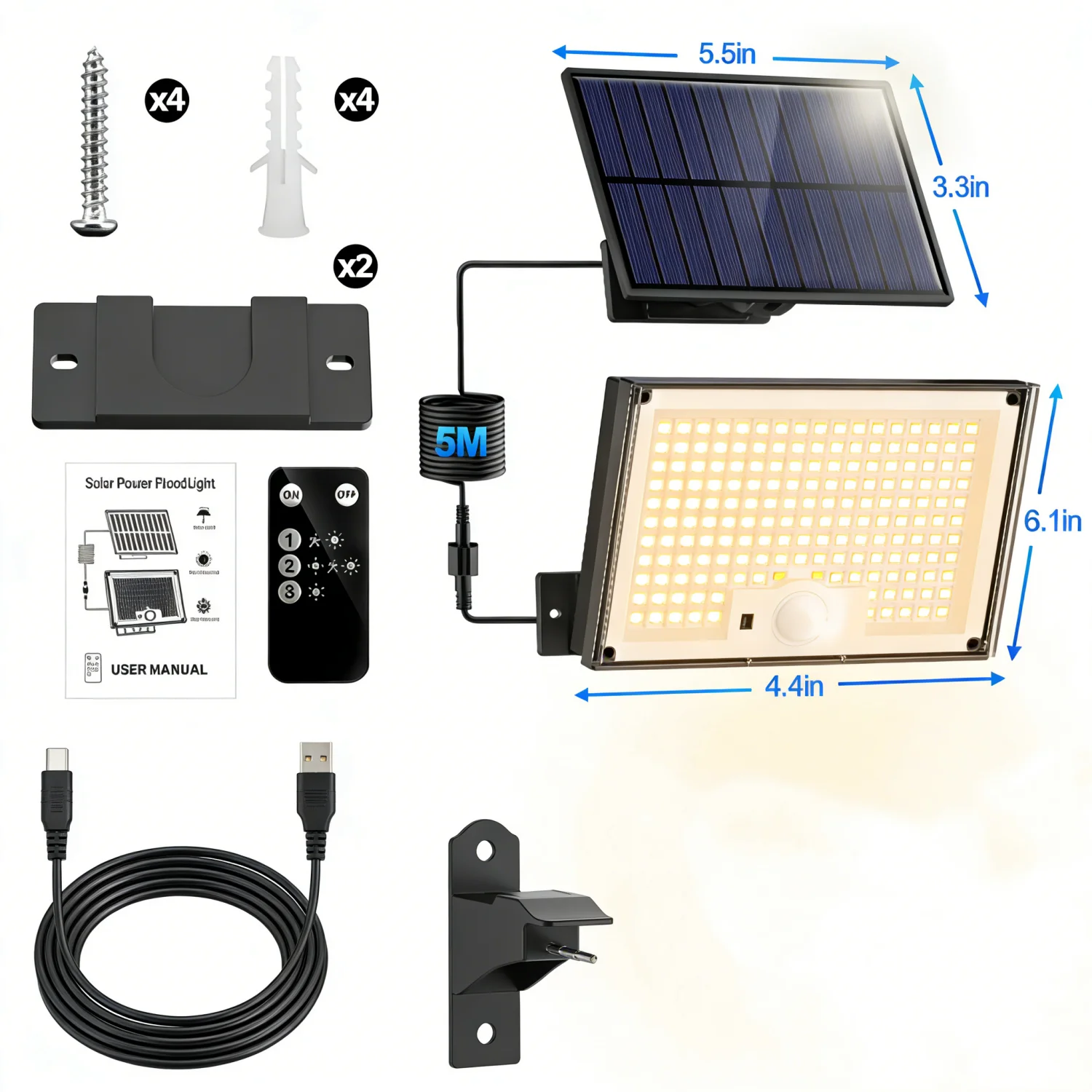 172 LED Warm White Solar Outdoor Light 3 Modes 5M Detachable Cable Motion Sensor Remote IP65 Waterproof Lamp for Garden Garage