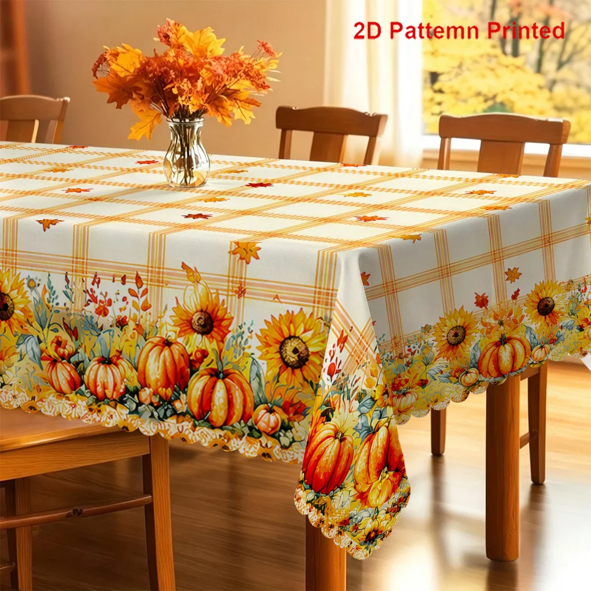One orange and white checkered sunflower pumpkin maple leaf floral autumn rectangular tableclothxzj