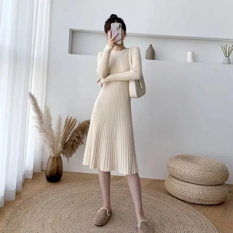 여성용 라운드넥 긴팔 니트 원피스, 하이 스트리트 스트라이프 드레스, 빈티지, 우아하고 시크한 베스티도, 용수철 가을 신상 패션
