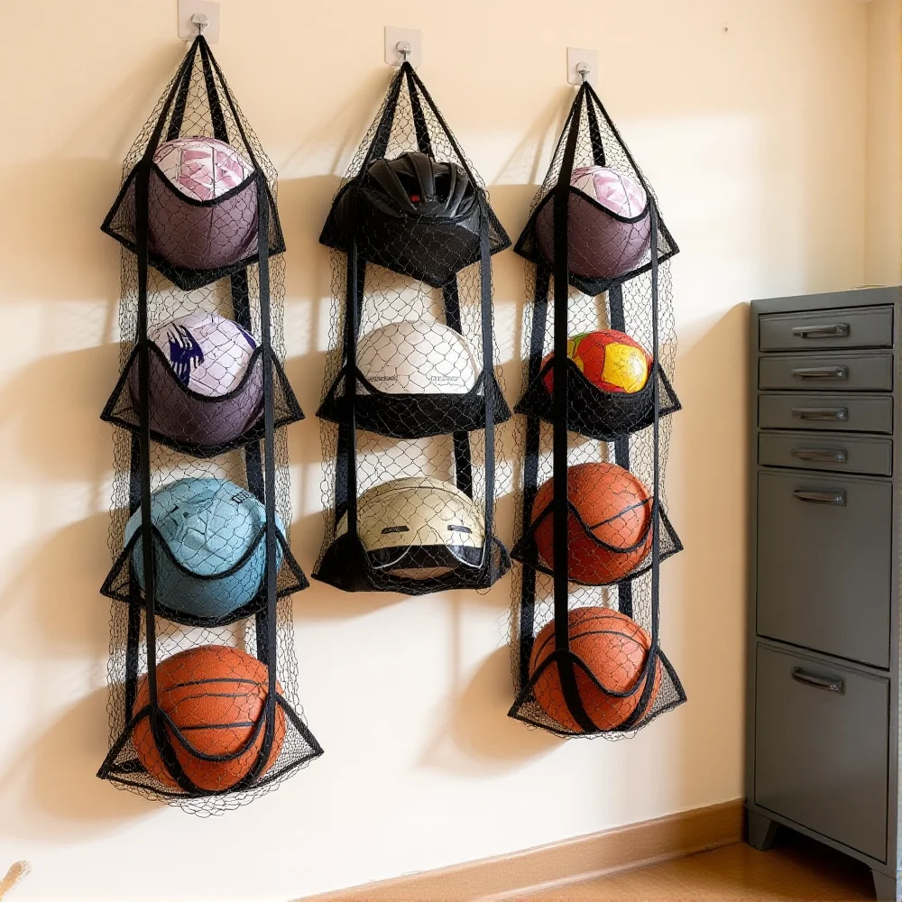 Multi-Layer Storage Bag Strong Load-Bearing Mesh Ball Storage Bag Wall Mounted Ball Holder Wide Webbing Over The Door Ball Rack