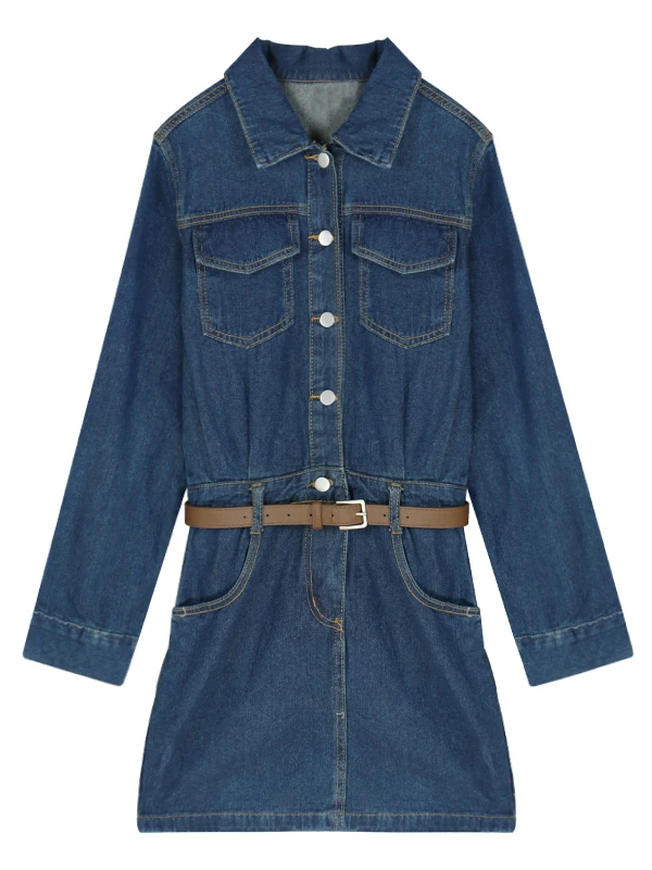 กระโปรงยีนส์ทรงเอเอวสูงสำหรับผู้หญิง รุ่นกระชับสัดส่วน ช่วยเก็บหน้าท้อง  กระโปรงยาว  คอปกสไตล์นักศึกษา  สำหรับฤดูใบไม้ร่วงและฤดูหนาว