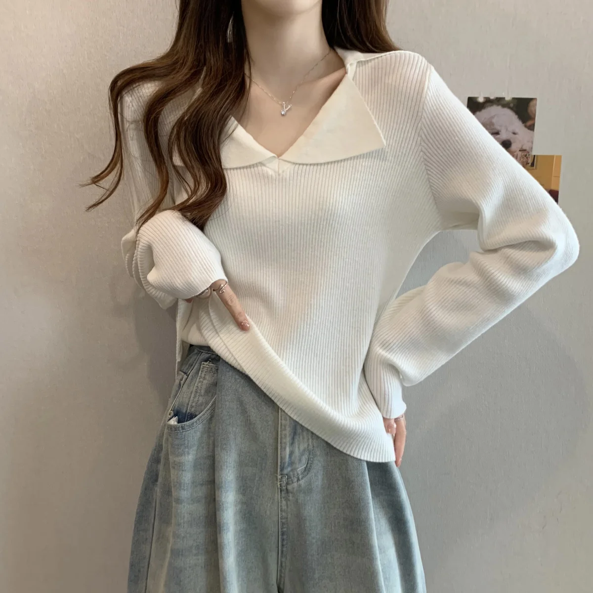 Large Korean Version Design Sense Lapel Striped Knit Women's Fat Mm Cover Belly Slim Fit Slimming Temperament Base Shirt