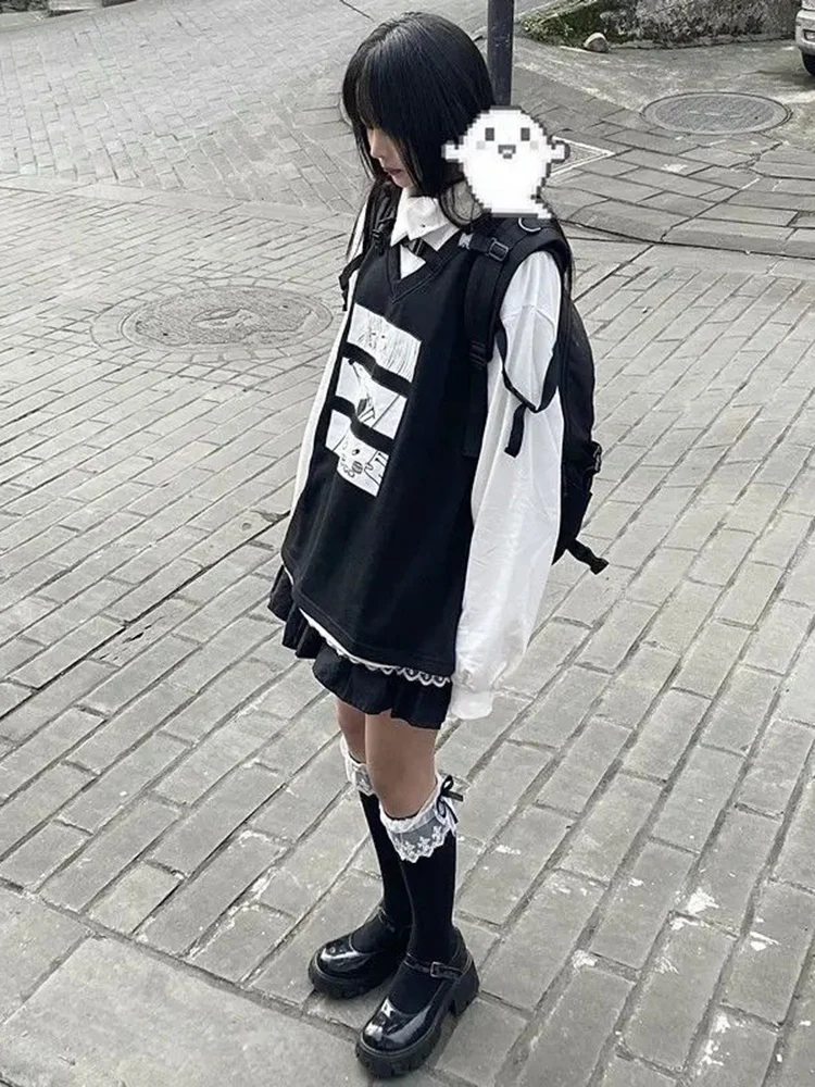 Y2k الجمالية أنيمي المطبوعة سترات النساء خمر التداخل أكمام فضفاضة صدرية القمم Harajuku الجرونج موضة الدبابات