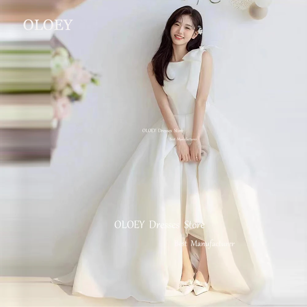 OLOEY Simple A Line Wedding Dresses Korea Photoshoot O Neck Sleeveless Bow Bridal Gowns Floor Length Pleats Customized