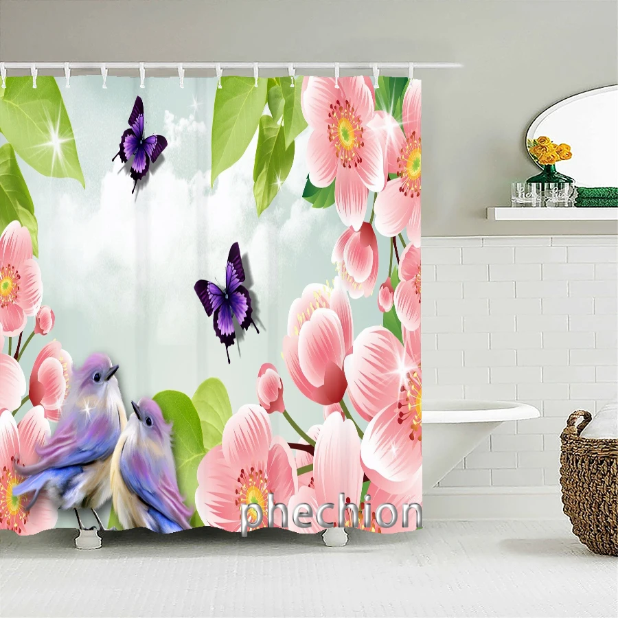 3D Printing Forest Shower Curtain Flowers Bird Butterfly Landscape Bath Curtain with Hooks for Bathroom Waterproof Scenery X02