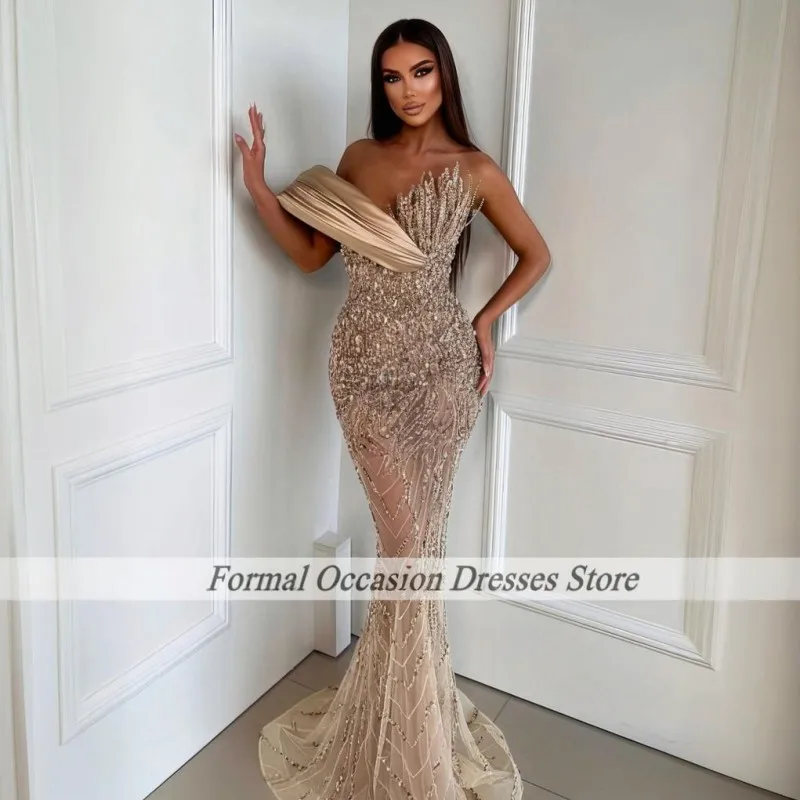 

Gorgeous Champagne Evening Dresses Short Sleeves Beading Off Shoulder Prom Gowns Party Wear Abendkleid Luxury Customized