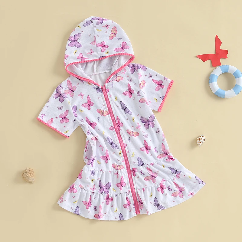 Kid Girls Butterfly Print Short Sleeve Hooded Dress Swim Cover ups Zip-Up Robe Towel Beachwear