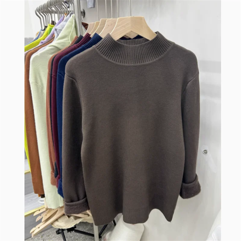 Элегантный новый теплый женский интегрированный флисовый свитер, осенне-зимний однотонный трикотаж, повседневная нижняя рубашка