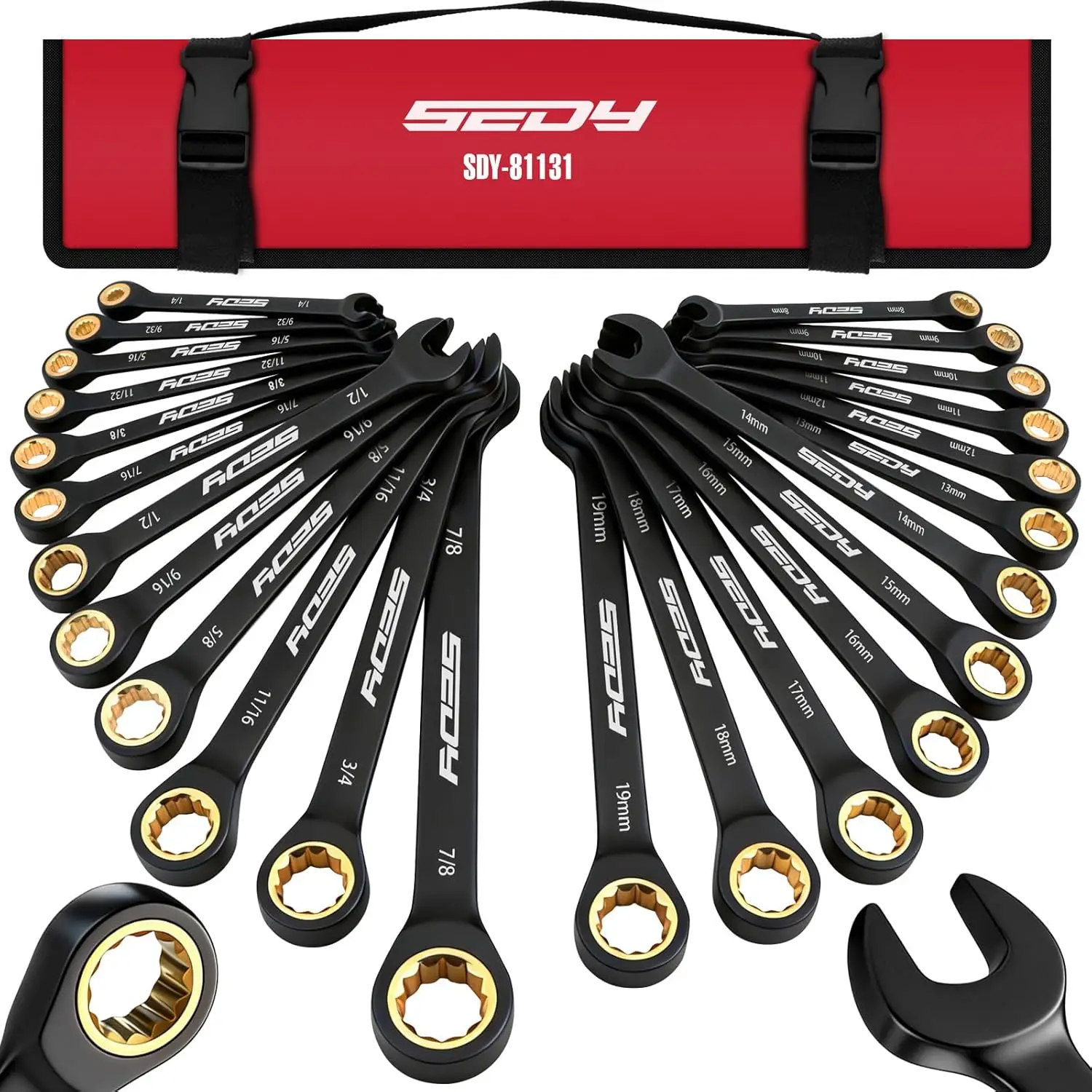 

24-Piece Ratcheting Wrench Set, SAE & Metric Sizes, 72-Tooth CR-V Steel with Black Finish and Tool Pouch