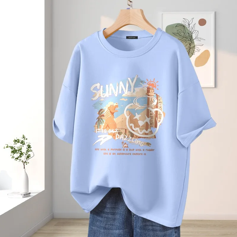 Summer Y2k Cartoon Printed O-neck Short Sleeve Top Tee, Women Clothing Vintage 100% Cotton T-shirt, Casual Loose Basic Pullovers