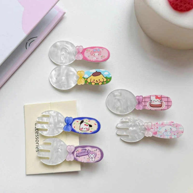 Cute Spoon Fork Hairpin Cartoon Sanrio Melody Cinnamoroll Purin Pochacco Kt Cat Kuromi Clip per capelli rotti Kawaii Side Clip Gift