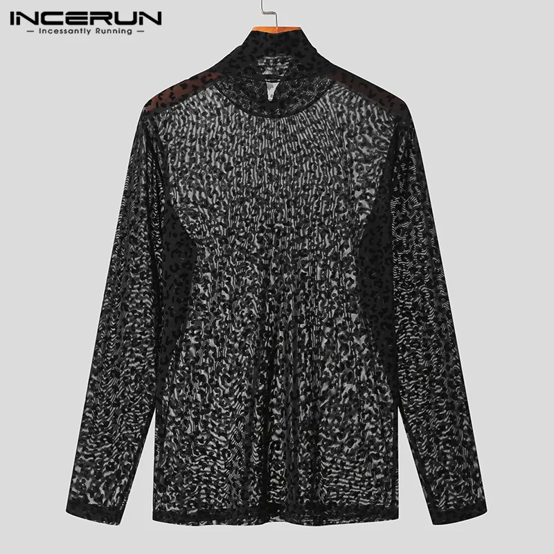 INCERUN Men T Shirt Leopard Print Turtleneck Long Sleeve Mesh See Through Sexy Camisetas Streetwear 2024 Fashion Men Clothing