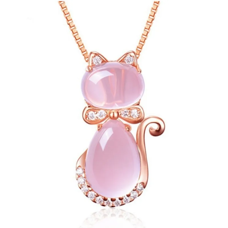 Fashion Rose Gold Crystal Synthetic Rose Quartz Powder Opal Necklace Cute Cat Ladies Birthday Party Jewelry Accessories