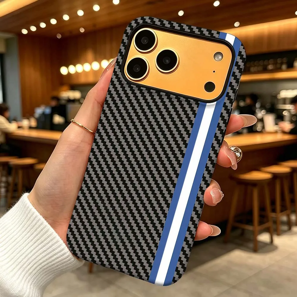 

Luxury Line Carbon Fiber For iPhone 17 Air 16 16e 15 14 13 12 11 XS Pro Max Plus 2-in-1 Film Anti-Drop Hard Funda Phone Case