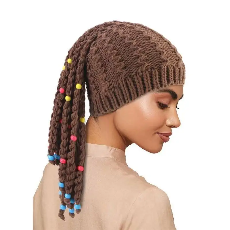 Women Boho Braided Wig Knit Hat, Bead Decor Tibetan Ethnic‑style Long Tassel Warm Beanie
