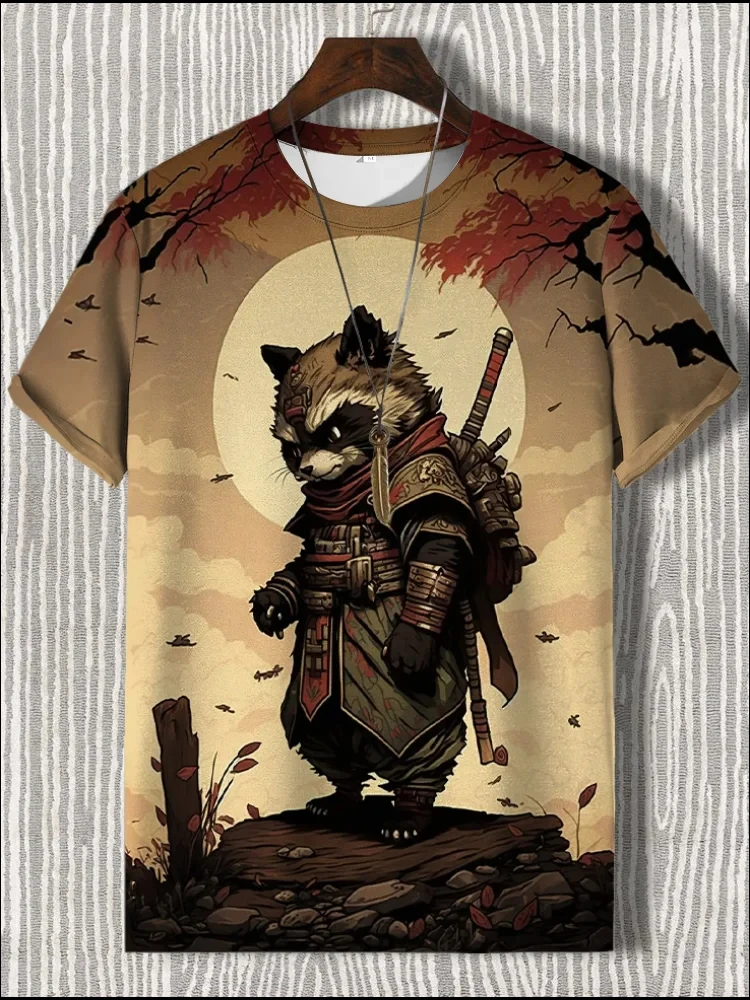 

2025 Summer Japanese Samurai Cat Pattern Printed Short Sleeve Round Neck T-Shirt For Casual Quick Drying Neutral Clothing moto