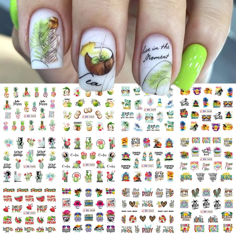 12pcs Coconut Summer Nail Water Stickers Sliders Cartoon Cactus Watermelon Palm Tree Sunset Letter Fruit Manicure Accessories