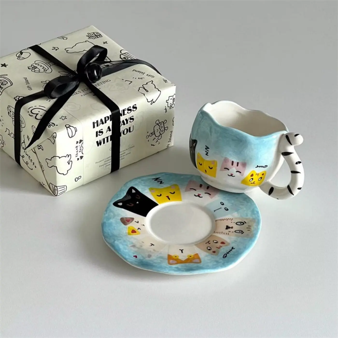 Creative Cartoon Cat Print Porcelain Cup Set Handmade Style Breakfast Milk Mug Office Drinking Cup Birthday Gift for Cat Lovers