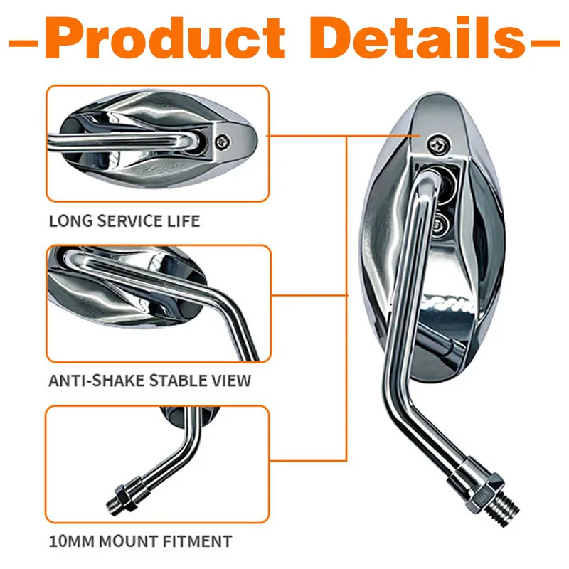 Universelle 10-mm-Convex-Rückspiegel, Motorrad-Chrom-Weitwinkel-Seitenspiegel für Honda CB600F Hornet CB1000R CBR600RR – Detail 5