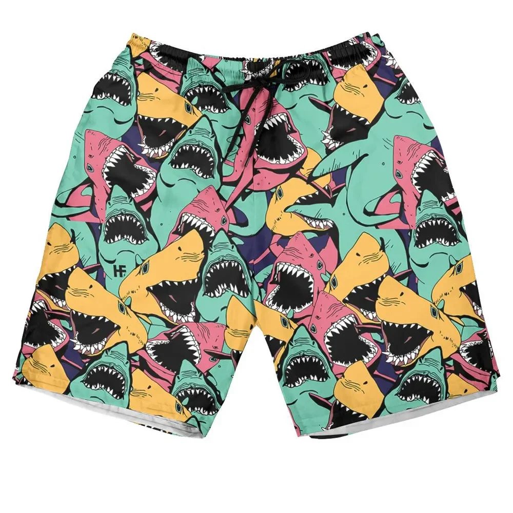 HX Fashion Hawaiian Short Angry Shark Pattern 3D Printed Pants Harajuku Casual Pockets Shorts Men Clothing Dropshipping