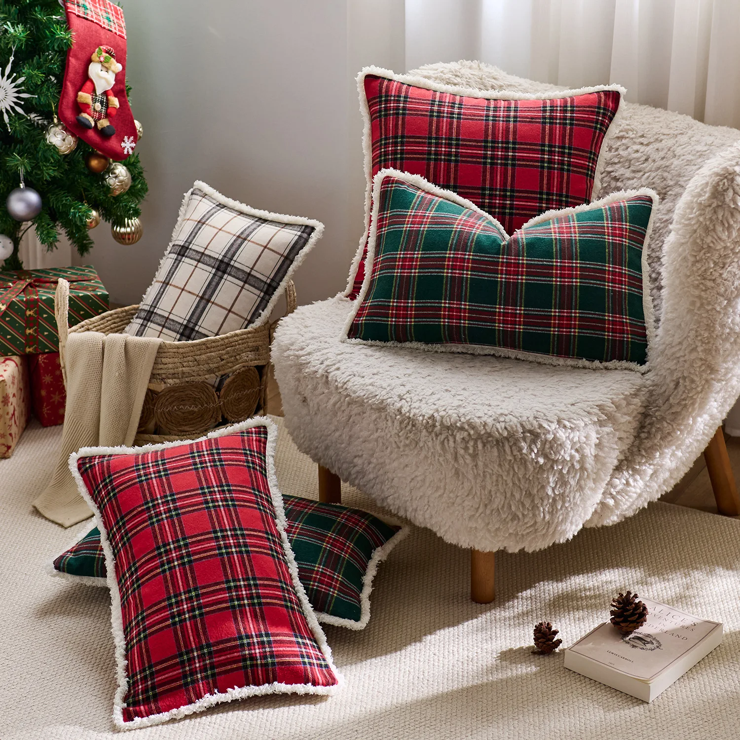 Plaid Pillow Covers Red & Green Check Tartan Cushion Cases for Couch Home Xmas Decorative Throw Pillow Envelope Christmas Gift