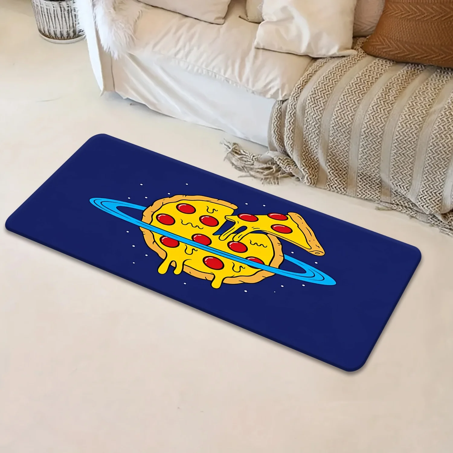 1pc 100% Polyester Creative Planet Pizza Pattern Runner Rug, Indoor Non-Slip Machine Washable Fade-Resistant Carpet, Soft, Com