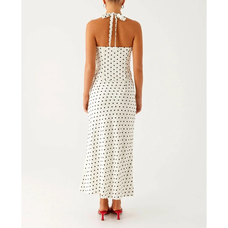 Women 2Pieces Dotted Outfits Set Lace-up Halter Neck Fish Boned Shapewear Corset Backless Crop Top + Low Waist Long Skirts