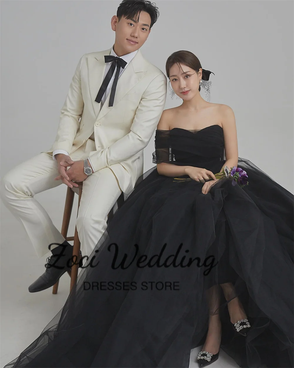 Zoci Vintage Sweetheart Black A Line Wedding Dresses Photos Shoot Customised Fairy Puffy One Shoulder Evening Reception Dress