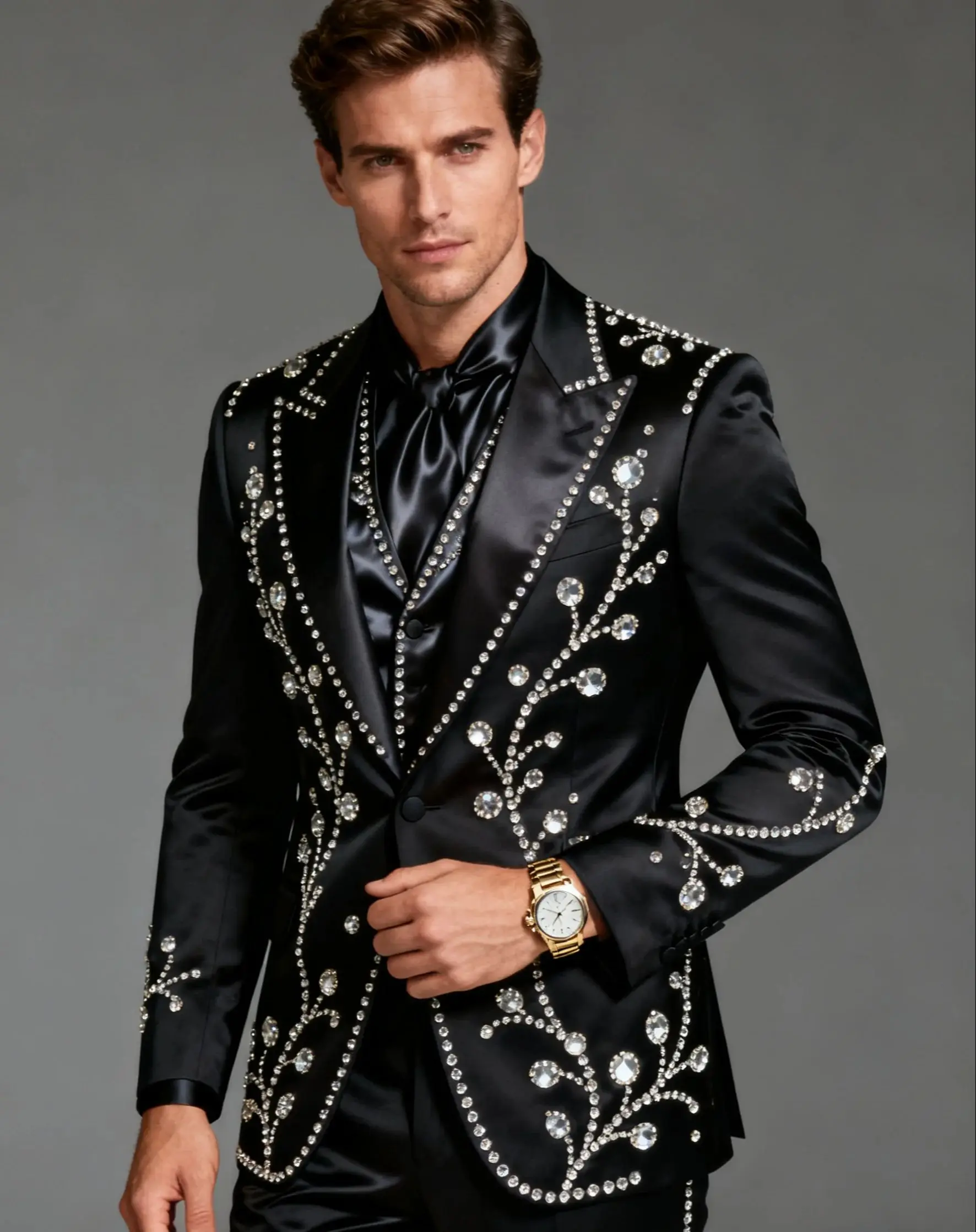 

Высококачественные мужские костюмы с кристаллами и бриллиантами, комплекты из 3 предметов, смокинги для свадебной вечеринки, индивидуальные пиджаки для жениха и выпускного вечера, облегающие Ropa Hombre