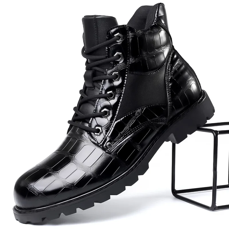 Botines de diseño clásico para hombre, botas cortas de charol con suela gruesa y líneas de cocodrilo, talla 38-48, novedad