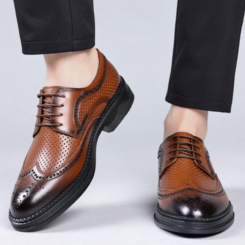 

Mens Brown Burnished Genuine Leather Perforated Brogue Oxfords Lace Up Formal Business Office Breathable Summer Casual Shoes