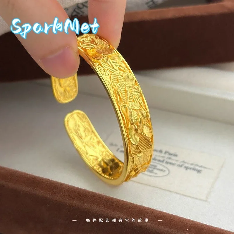 

Sparkmet Versatile 9999 24K Real Gold Ancient Wide-face Engraved Peony Flower Opening Bracelet Women's Bracelet