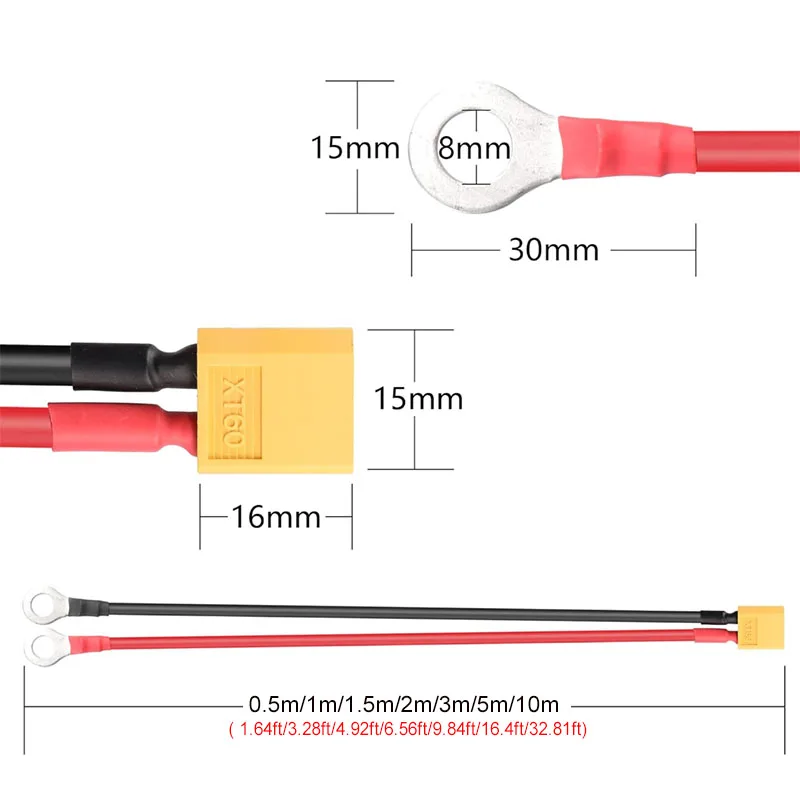 1pc XT60 female or male to M8 O-ring connector cable,12 AWG silicone power cable, suitable for lithium-polymer batteries in remo