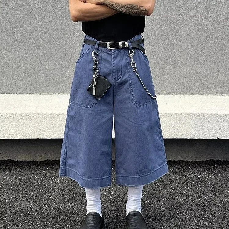 Calças Jeans Retrô Americanas Azuis Lavadas Casuais de Perna Reta Solta para Homens e Mulheres - Calças Capri da Moda de Verão