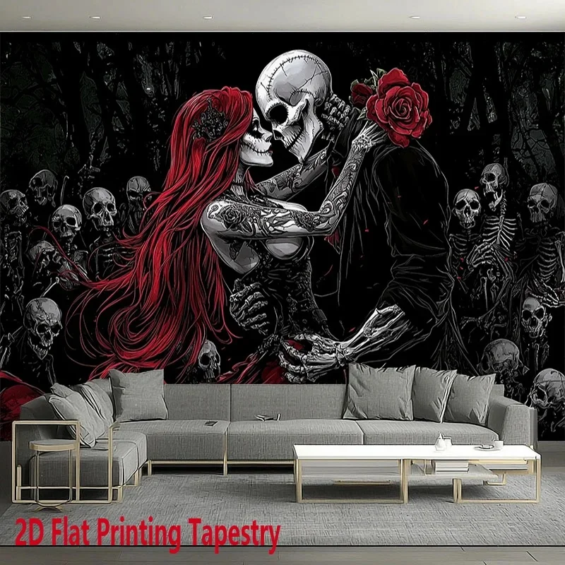 VIKAMA Skeleton Lovers Wall Tapestry, Tattoo Skull Bride Groom Red Floral Print Wall Hanging, Gothic Fabric Backdrop Home Decor