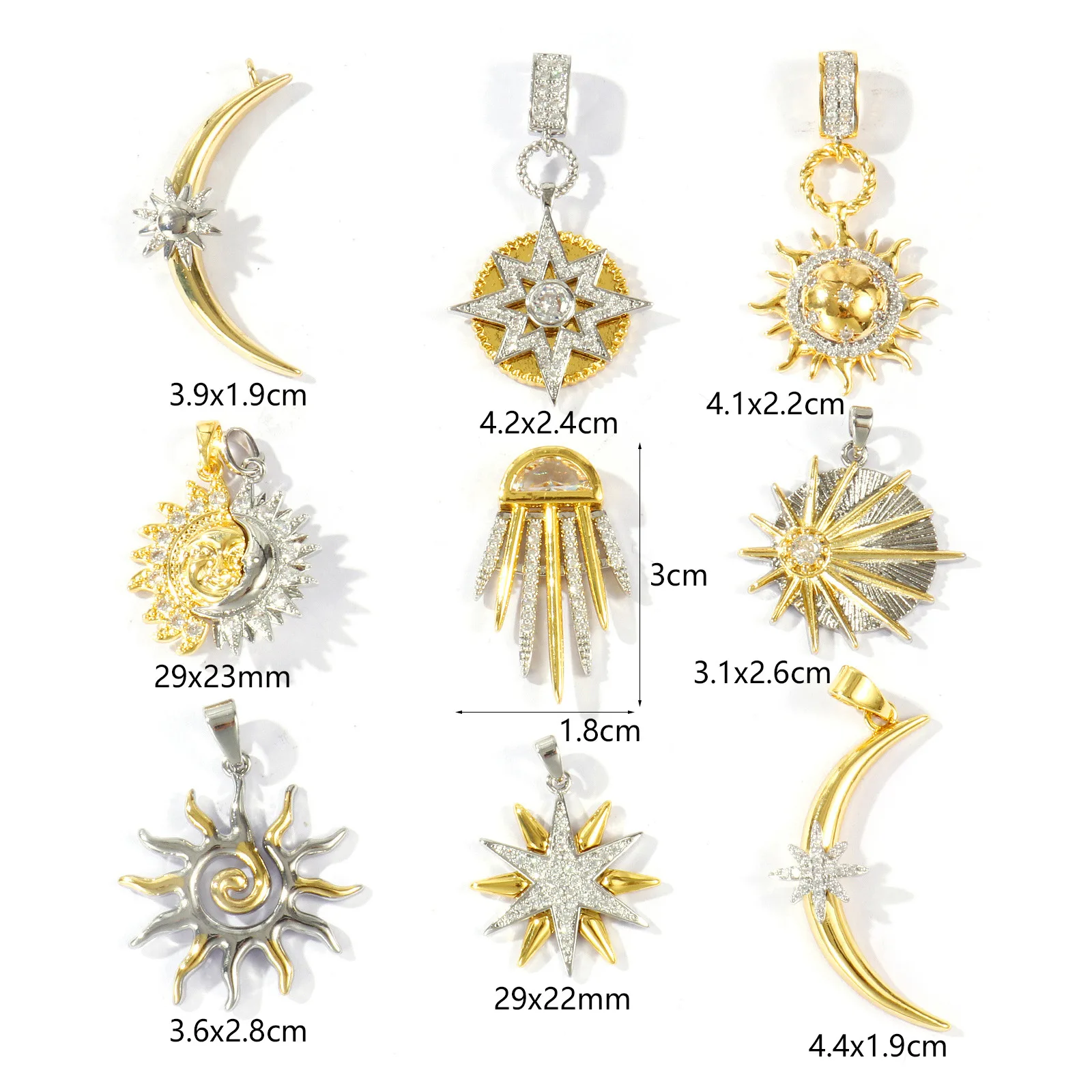 2 Stück Messing-Anhänger, 18K vergoldet, zweifarbig, mit klaren Zirkonia-Steinen, Sonne, Mond, Stern, für DIY-Halsketten, Schmuckherstellung, Zubehör – Detail 1
