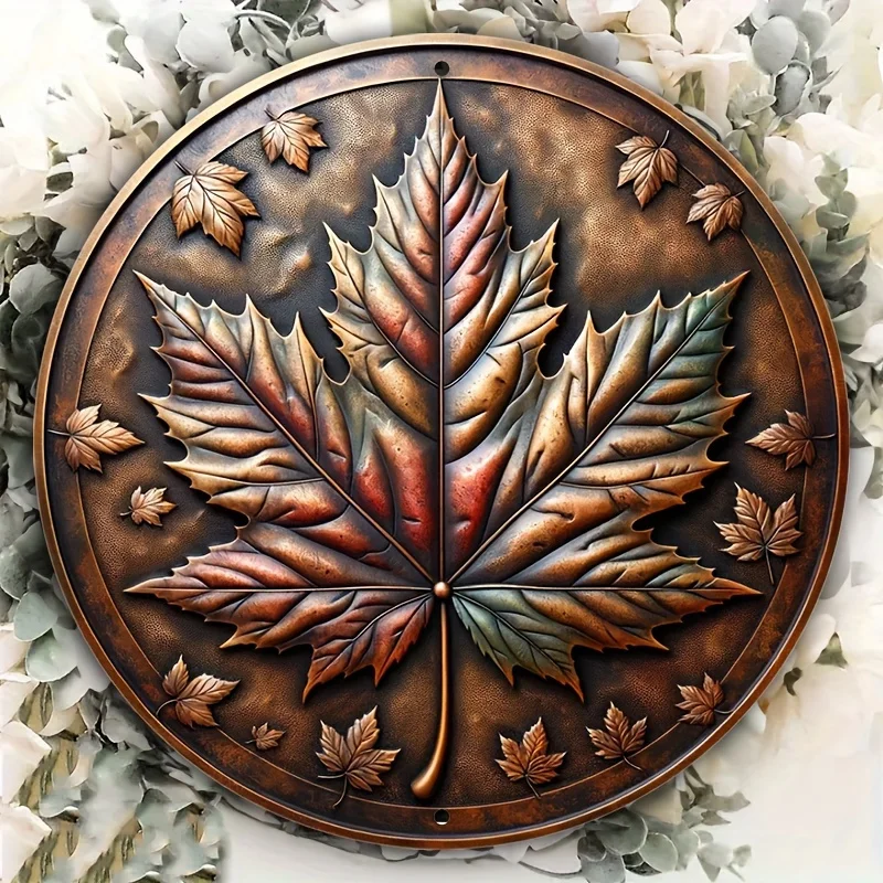 

Aluminum Landscape Wall Hanging Decor - 8" Round Metal Sign with Vintage Maple Leaf Wreath Design for Living Room