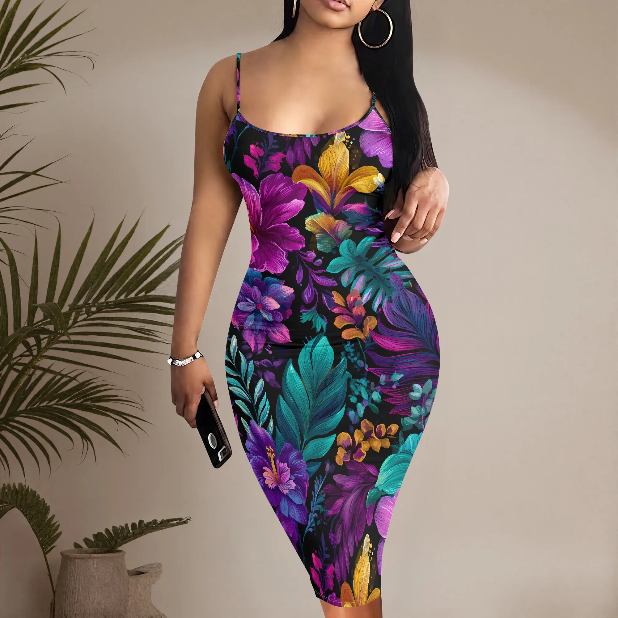 Tropical Floral Print Dress Vibrant Flower Pattern Cami Dress Bodycon Summer Slip Dress for Women Beach Party Vacation Wear