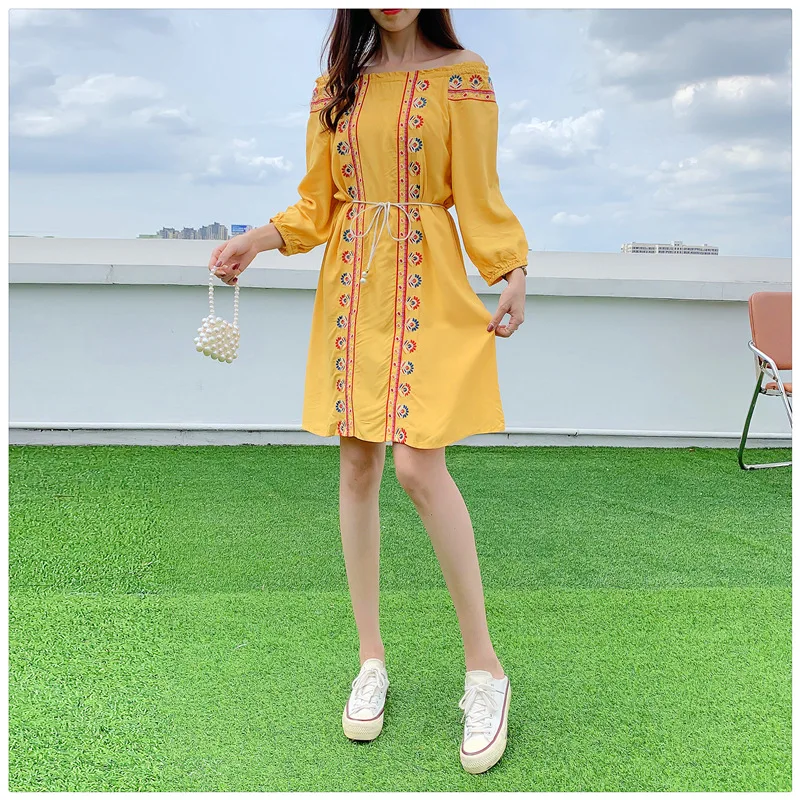 

Women's Bohemian Ethnic Style Elastic One-line Collar Heavy Embroidery Waist Tie Waist Thin Loose Casual Mid-length Dresses