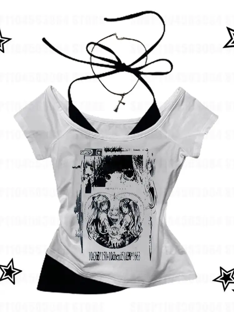 Tops de los años 2000, camisola gótica de ocio, Tops cortos Grunge con estampado de Chica de Anime, ropa Y2k, camiseta sin mangas Vintage para mujer, camisetas ajustadas para bebé