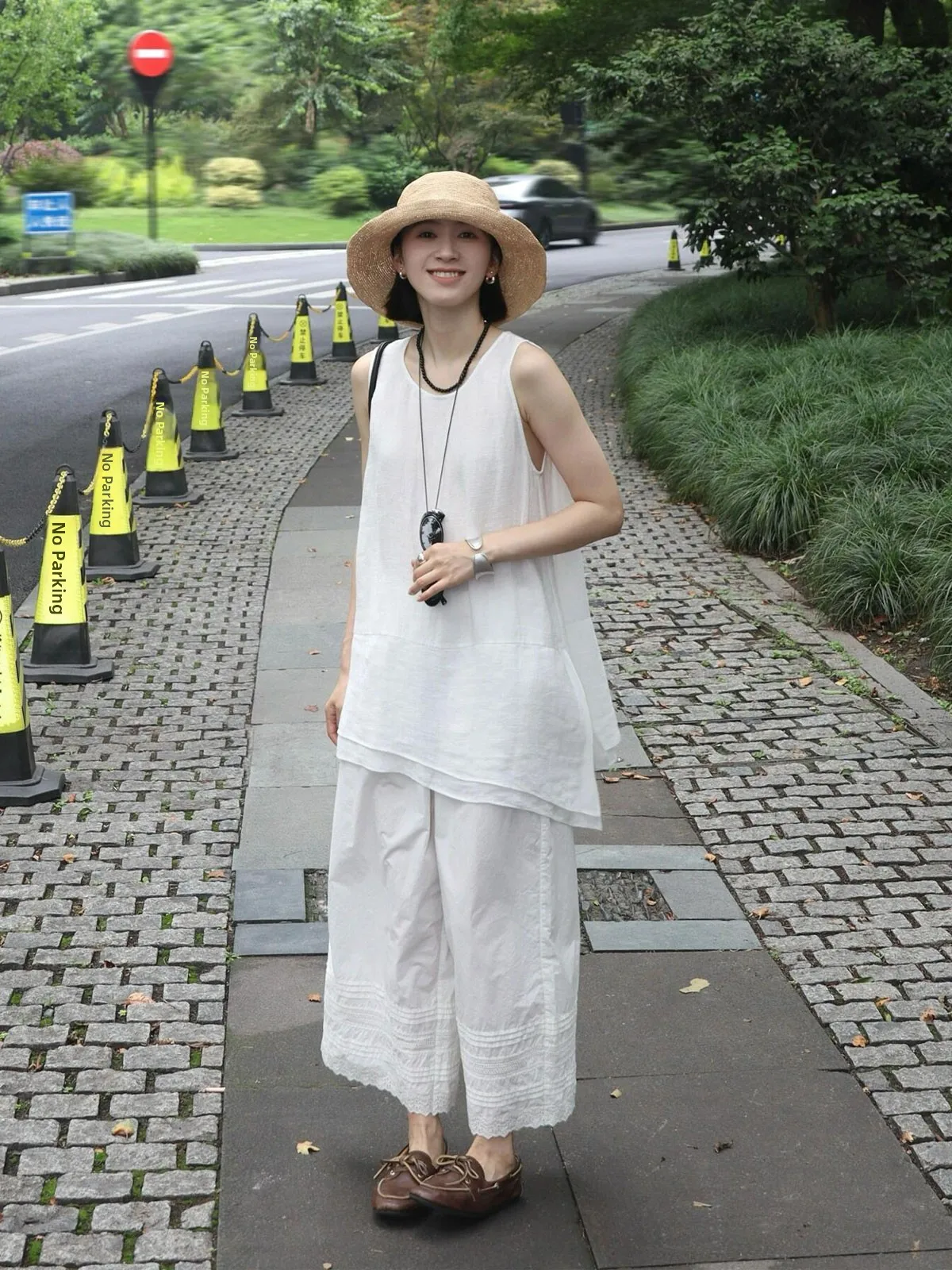 

Комплект DesiGar из белого хлопка и льна: топ на бретельках и брюки с широкими штанинами, свободный крой, для женщин