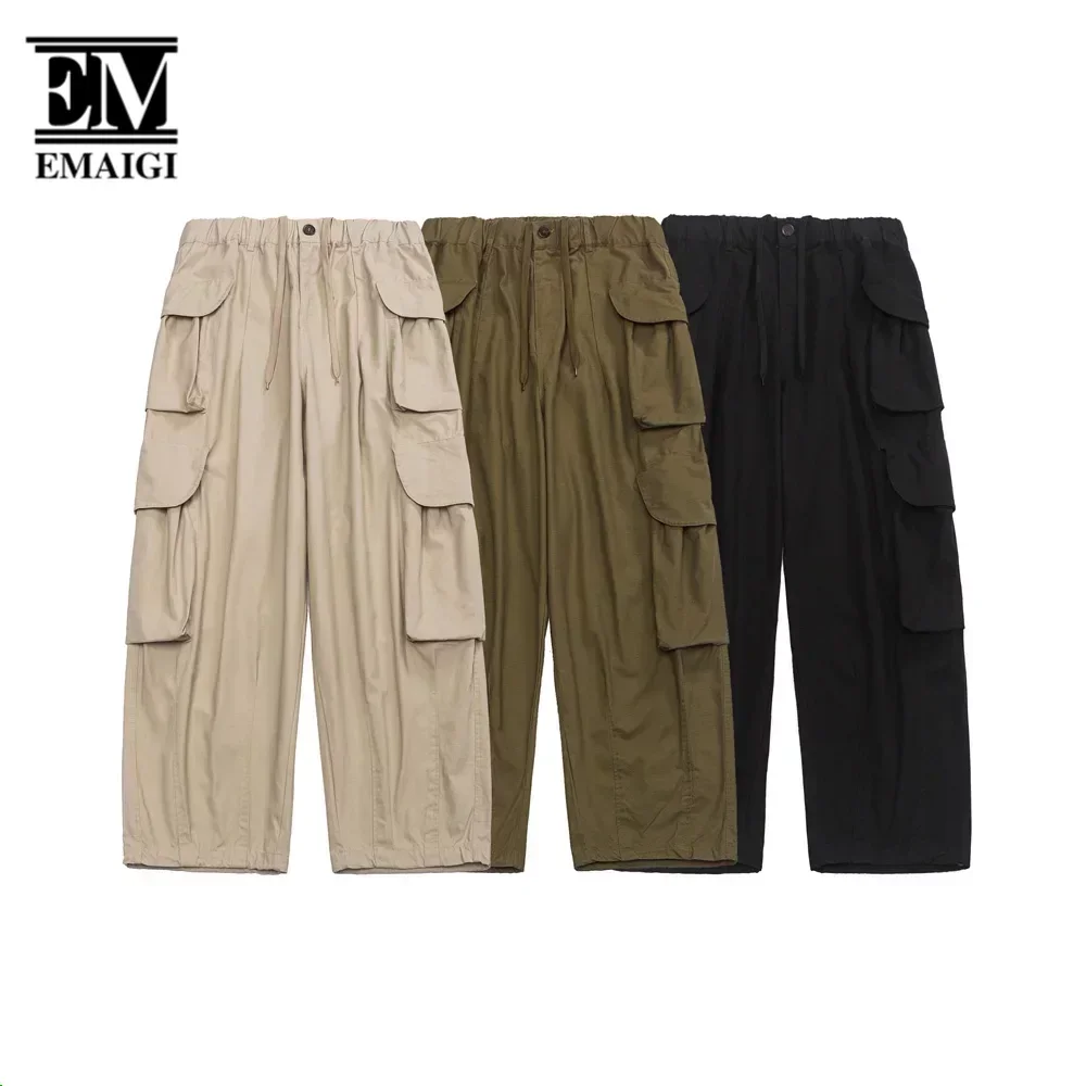 Men 3D Multi Pocket Loose Casual Japanese Streetwear Fashion Wide Leg Cargo Pants City Boys Pure Cotton Baggy Pants Trousers