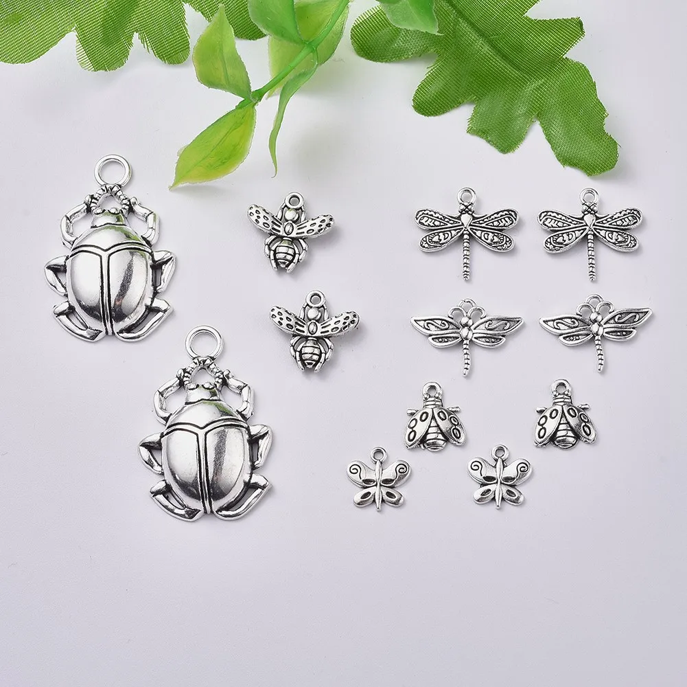 24pcs Dragonfly Beetle Dragonfly Ladybug Alloy Charm Tibetan Style Insects Pendants for Diy Jewelry Making Accessories