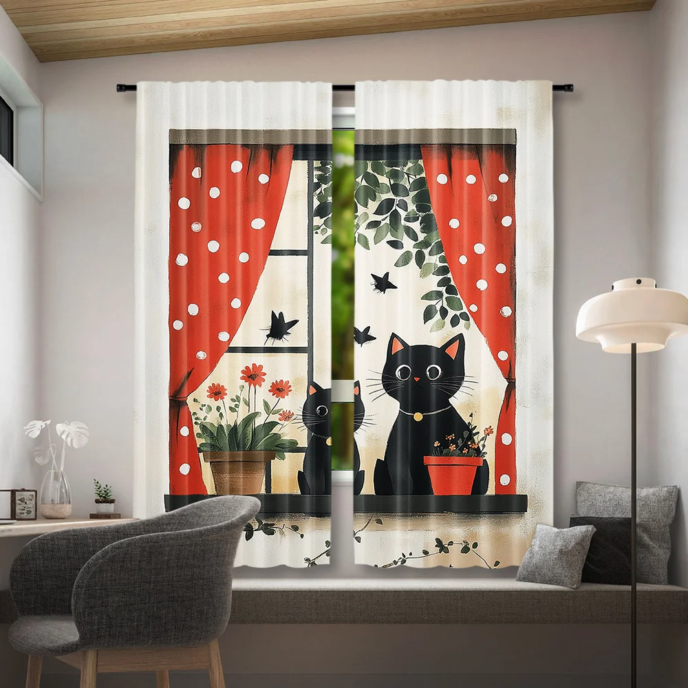 Cartoon Black Kitten Window Curtains 2 Panels, Two Cats on Sill Red Dot Curtain Vine Floral Butterfly Soft Cream Home Curtain