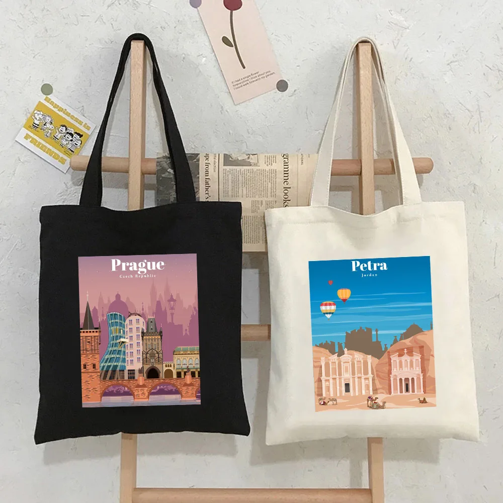 Montreal Mumbai Munich New Delhi Osaka Petra Prague Quebec Rejkjavik Riga Seoul Korea Canvas Shopping Totes Bag Shopper Handbags